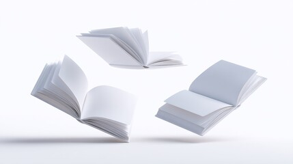 Floating Open Books with Blank Pages on White Background: Literature, Education, and Creativity Concept
