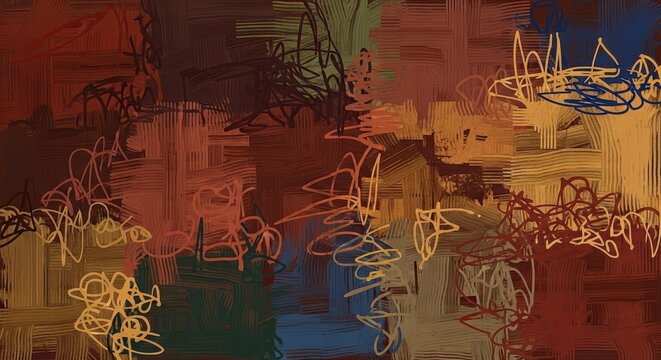 Abstract expressionist painting with earth tones and scribbled lines