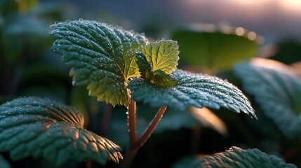 Fresh Green Plant Leaves Covered in Morning Dew in a Garden at Sunrise, close up nature shot.
