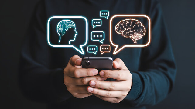 Person holding phone with ai brain and human brain in speech bubbles on a dark background image - Powered by Adobe