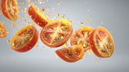 Fresh Tomato Slices Suspended in Mid-Air with Water Droplets Against a Pale Gray Backdrop for Culinary Projects