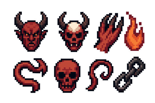 Pixel art icons featuring demonic themes, including horned heads, claws, flames, and chains in a distinct retro style.