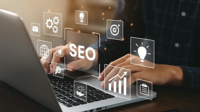 Person working on laptop with SEO icons, digital marketing and search engine optimization strategy concept