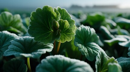 Frosty Green Leaves: A Close-Up View of Nature's Delicate Beauty on a Chilly Morning