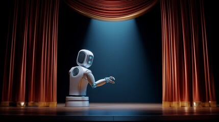 Future of Performance: Artificial Intelligence Robot on Stage Under Spotlight Ready to Perform Before an Audience