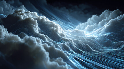 Abstract 3D visualization of cloud computing and digital data flow concept. Abstract visualization of cloud computing as glowing 3D data streams over digital landscape.