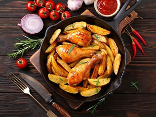 roasted chicken with potatoes and vegetables