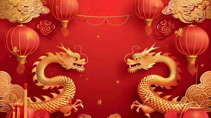 Majestic golden dragons flank vibrant red lanterns and ornate clouds, celebrating auspicious Chinese New Year and cultural traditions with dynamic energy