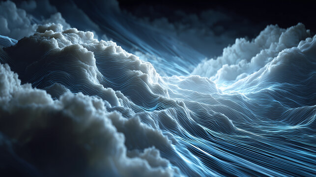 Abstract 3D visualization of cloud computing and digital data flow concept. Abstract visualization of cloud computing as glowing 3D data streams over digital landscape.