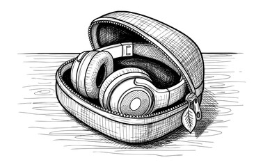 Headphones in Carrying Case Hand-Drawn Sketch. Vector Illustration for Tech Lifestyle.