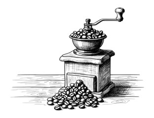 Antique Coffee Grinder with Beans in Vintage Engraving Style. Vector Illustration for Slow Living and Coffee Culture.