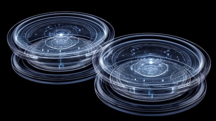 Glowing Abstract Circular Forms on Black Background, Featuring Rings and Transparent Effects