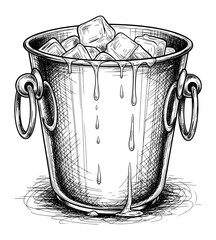 Hand-Drawn Ice Bucket with Melting Cubes in Classic Sketch Style. Vector Illustration for Refreshment Concepts.