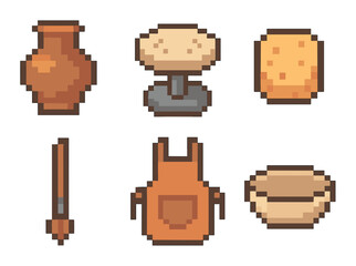 Pixel art tools for pottery and ceramics, featuring a clay vase, wheel, brick, brush, apron, and bowl in a minimalist style.