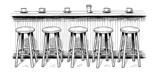 Sketch of Café Bar Stools and Coffee Cups in Hand-Drawn Style. Vector Illustration for Coffee Culture.