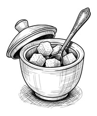 Hand-Drawn Sugar Bowl with Cubes in Vintage Engraving Style. Vector Illustration for Tea Culture and Nostalgic Comfort.