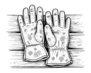 Work Gloves on Wooden Surface in Vintage Hand-Drawn Style. Vector Illustration for Craftsmanship Concept.