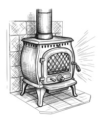 Vintage Wood Burning Stove in Hand-Drawn Engraving Style. Vector Illustration for Rustic Comfort.