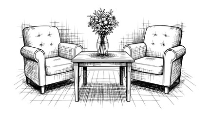 Hand-Drawn Armchairs and Table with Vase in Classic Sketch Style. Cozy Comfort Vector Illustration for Home Decor Concepts.