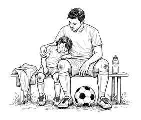 Father Comforting Son After Soccer Game in Realistic Line Art. Vector Illustration for Family Support Concept.