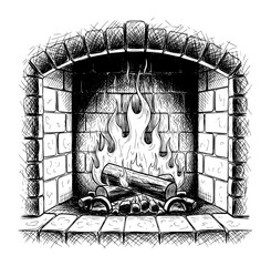 Hand-Drawn Stone Fireplace in Vintage Ink Style. Vector Illustration for Cozy Comfort Concept.
