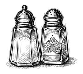Hand-Drawn Salt and Pepper Shakers in Vintage Style. Vector Illustration for Culinary Tradition.