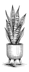 Hand-Drawn Snake Plant in Mid-Century Pot. Vintage Botanical Vector Illustration for Modern Decor.