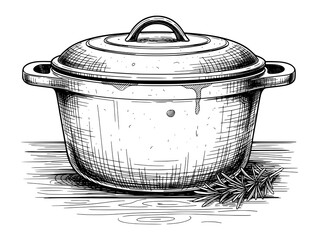 Vintage Engraving of Cast Iron Dutch Oven. Rustic Culinary Vector Illustration for Slow Living.