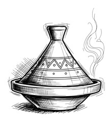 Hand-Drawn Moroccan Tagine Pot in Vintage Sketch Style. Vector Illustration for Culinary Tradition.