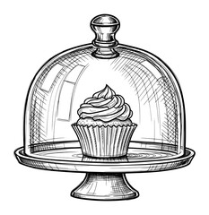 Cupcake Under Glass Cloche in Vintage Engraving Style. Artisanal Baking Vector Illustration for Boutique Café Concepts.