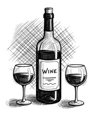 Hand-Drawn Wine Bottle and Glasses in Classic Sketch Style. Vector Illustration for Celebration and Wine Culture.