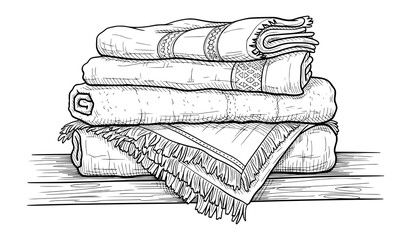 Stack of Folded Blankets in Vintage Engraving Style. Cozy Hygge Comfort Vector Illustration.