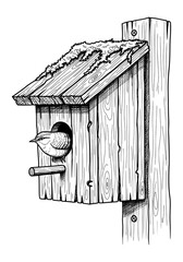 Birdhouse with Songbird in Hand-Drawn Ink Style. Rustic Vector Illustration for Nature Themes.