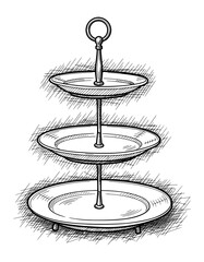 Vintage Three-Tiered Serving Tray in Pen and Ink Sketch. Vector Illustration for Hospitality and Tea.