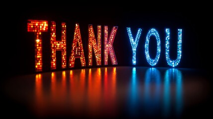 Glowing "Thank You" Sign with Red and Blue Lights on a Dark Background, Reflecting Below