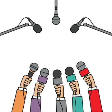 Hands holding microphones for press conference, colorful flat media event vector illustration