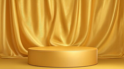 Golden Backdrop Stage with Cylindrical Pedestal: Elegant Design Concept for Presentations and Product Display