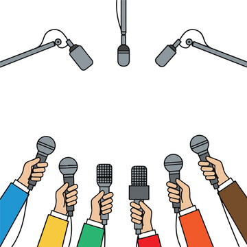 Multiple hands holding interview microphones, busy press conference flat vector illustration