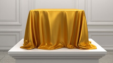 Golden Cloth Draped Over a White Pedestal, Hiding an Object.