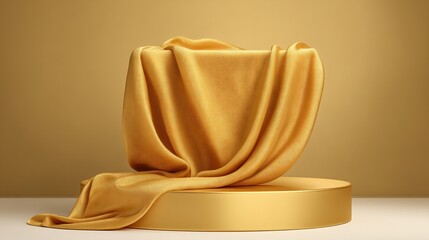 Golden draped fabric on a pedestal, an elegant and minimalist presentation, studio style.