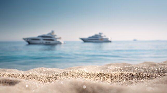 luxury yachts on calm sea viewed from sandy beach