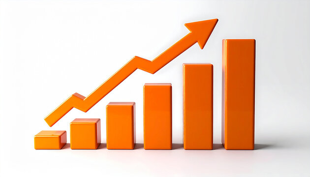 Orange bar chart with rising arrow. Financial growth and business success, modern infographic style