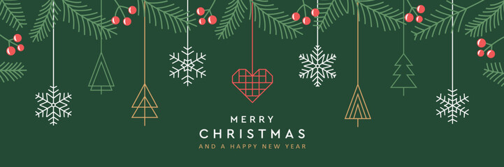 merry christmas card with hanging decoration in form of tree and heart vector illustration