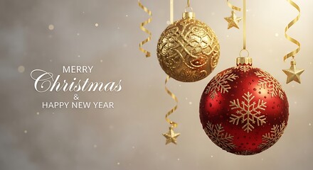 Elegant red and gold christmas ornaments hanging with festive ribbons and stars