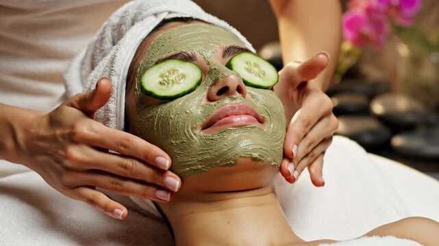 Young woman enjoying a rejuvenating spa facial treatment with a green mask and refreshing cucumber slices, experiencing ultimate relaxation and skincare pampering