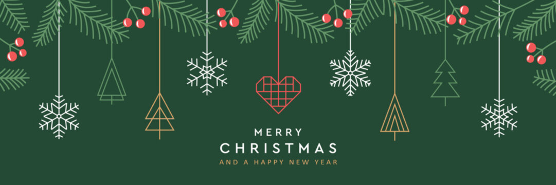 merry christmas card with hanging decoration in form of tree and heart vector illustration - Powered by Adobe
