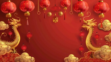 Vibrant golden dragon and glowing red lanterns create a stunning backdrop for festive Asian celebrations and cultural events