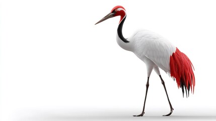 Graceful Crane with Striking Red and White Plumage on a Clean Background, Illustrating Elegance and Natural Beauty