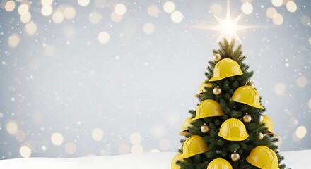 Christmas tree decorated with yellow construction helmets against a snowy and bokeh background scene