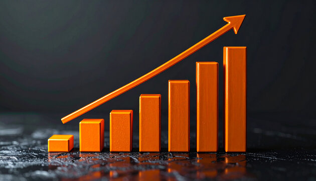 Orange bar chart with rising arrow. Financial growth and business success, modern infographic style